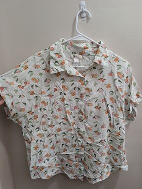 Japna Floral Button Down Rayon Shirt in White & Orange Size Large